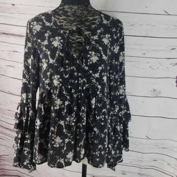 Umgee Black Floral Lace Up Tunic‎ Blouse Medium - Picture 10 of 10